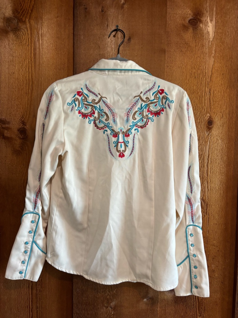 Scully Vintage Off White Floral Embroidered Pearl Snap Western Shirt Small - Picture 2 of 7